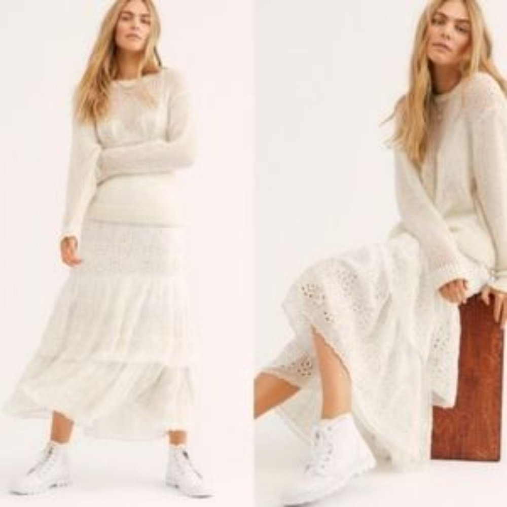 Free People Wilder Tiered Midi Skirt White NWOT